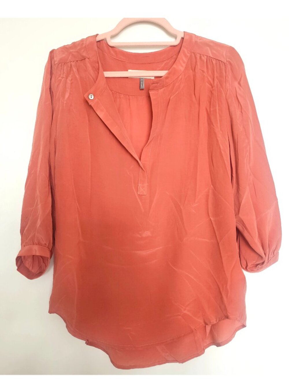 Amour Vert 100% Silk 3/4 Puff Sleeve Peasant Blouse Top XS Coral Pink